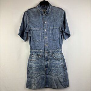 Denim Short-Sleeve Shirt Dress in Light Blue